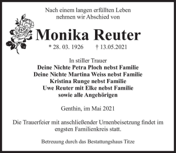 Traueranzeige von Monika Reuter  von Magdeburger Volksstimme