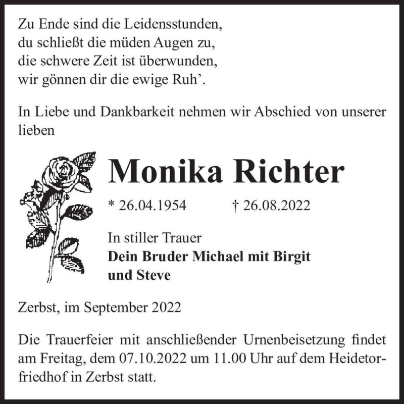  Traueranzeige für Monika Richter  vom 24.09.2022 aus Magdeburger Volksstimme