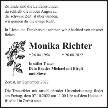 Traueranzeige von Monika Richter  von Magdeburger Volksstimme