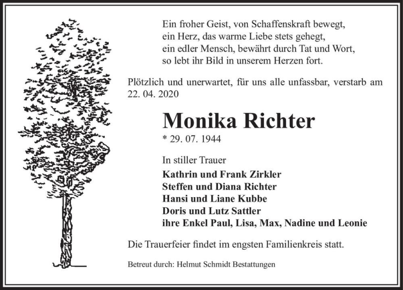  Traueranzeige für Monika Richter  vom 02.05.2020 aus Magdeburger Volksstimme