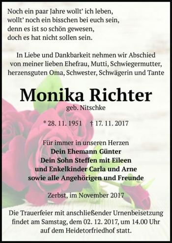 Traueranzeige von Monika Richter (geb. Nitschke)  von Magdeburger Volksstimme
