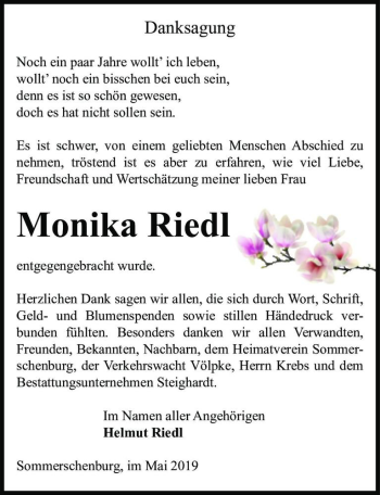 Traueranzeige von Monika Riedl  von Magdeburger Volksstimme