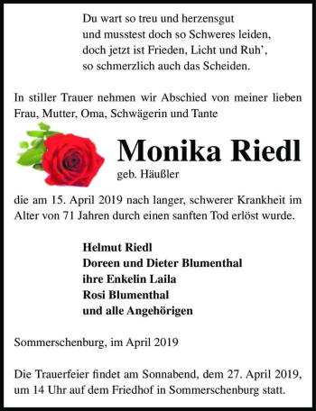 Traueranzeige von Monika Riedl (geb. Häußler)  von Magdeburger Volksstimme