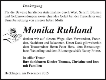 Traueranzeige von Monika Ruhland  von Magdeburger Volksstimme