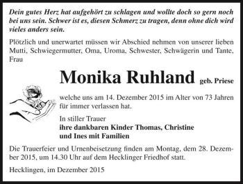 Traueranzeige von Monika Ruhland (geb. Priese)  von Magdeburger Volksstimme
