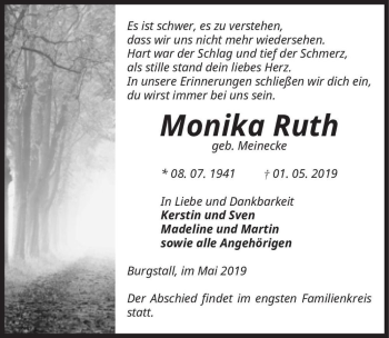 Traueranzeige von Monika Ruth (geb. Meinecke)  von Magdeburger Volksstimme
