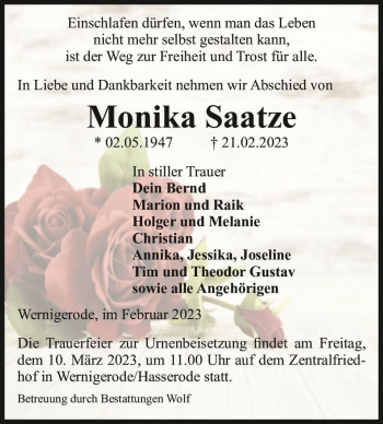 Traueranzeige von Monika Saatze  von Magdeburger Volksstimme