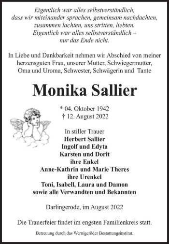 Traueranzeige von Monika Sallier  von Magdeburger Volksstimme