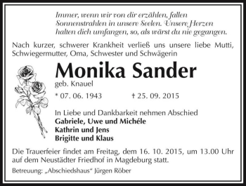 Traueranzeige von Monika Sander (geb. Knauel)  von Magdeburger Volksstimme