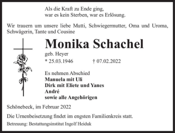 Traueranzeige von Monika Schachel (geb. Heyer)  von Magdeburger Volksstimme