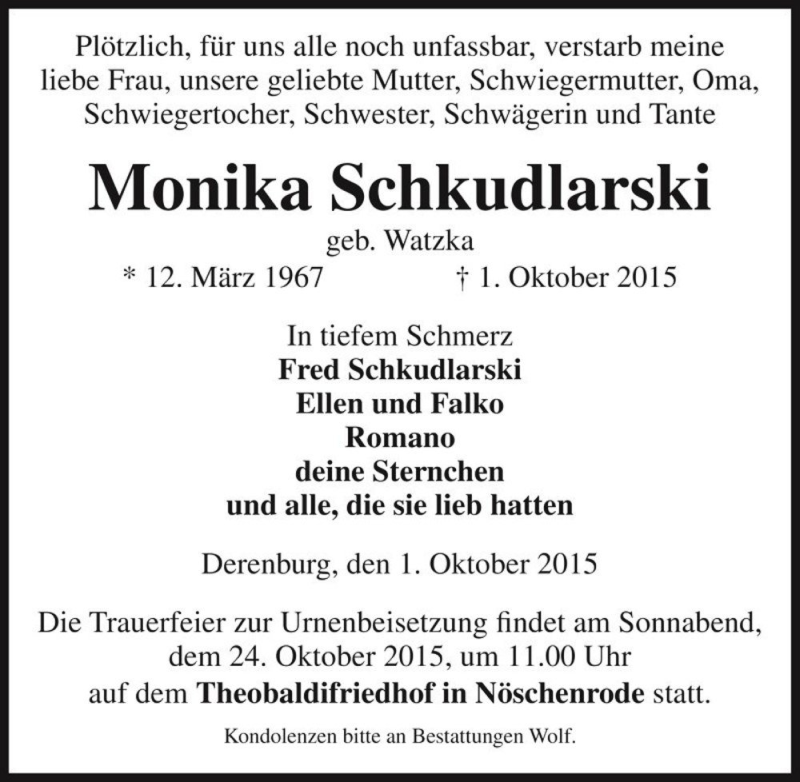  Traueranzeige für Monika Schkudlarski (geb. Watzka)  vom 08.10.2015 aus Magdeburger Volksstimme