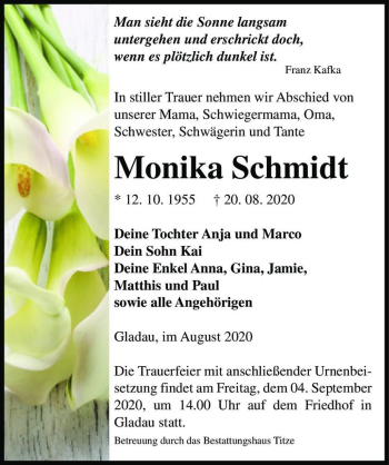 Traueranzeige von Monika Schmidt  von Magdeburger Volksstimme