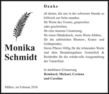 Traueranzeige von Monika Schmidt  von Magdeburger Volksstimme