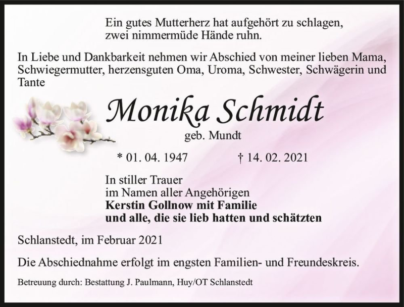  Traueranzeige für Monika Schmidt (geb. Mundt)  vom 20.02.2021 aus Magdeburger Volksstimme