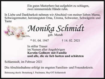 Traueranzeige von Monika Schmidt (geb. Mundt)  von Magdeburger Volksstimme