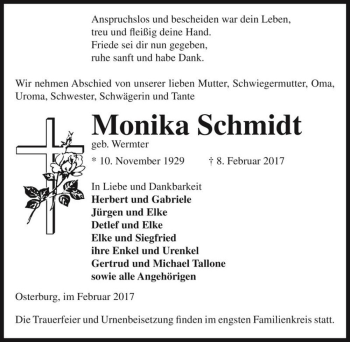 Traueranzeige von Monika Schmidt (geb. Wermter)  von Magdeburger Volksstimme