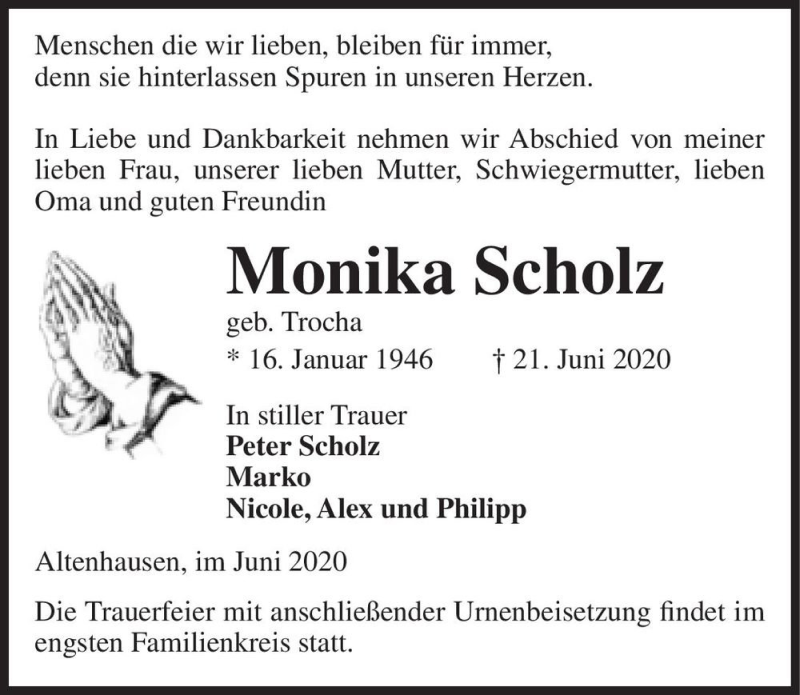  Traueranzeige für Monika Scholz (geb. Trocha)  vom 24.06.2020 aus Magdeburger Volksstimme