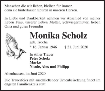 Traueranzeige von Monika Scholz (geb. Trocha)  von Magdeburger Volksstimme