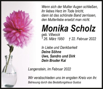 Traueranzeige von Monika Scholz (geb. Villwock)  von Magdeburger Volksstimme