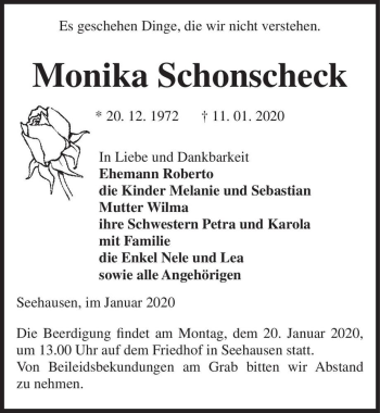 Traueranzeige von Monika Schonscheck  von Magdeburger Volksstimme
