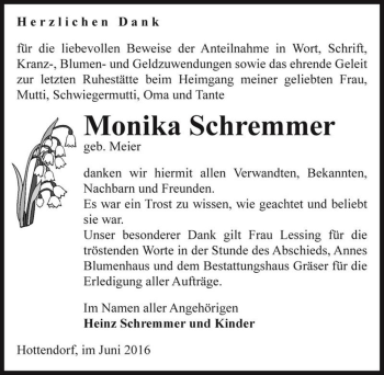 Traueranzeige von Monika Schremmer (geb. Meier)  von Magdeburger Volksstimme