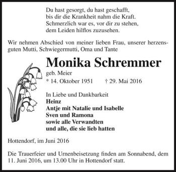 Traueranzeige von Monika Schremmer (geb. Meier)  von Magdeburger Volksstimme