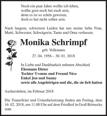 Traueranzeige von Monika Schrimpf (geb. Volkmann)  von Magdeburger Volksstimme
