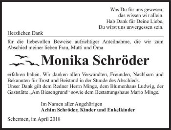 Traueranzeige von Monika Schröder  von Magdeburger Volksstimme