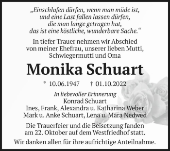 Traueranzeige von Monika Schuart  von Magdeburger Volksstimme