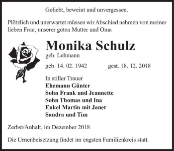 Traueranzeige von Monika Schulz (geb. Lehmann)  von Magdeburger Volksstimme