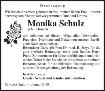 Traueranzeige von Monika Schulz (geb. Lehmann)  von Magdeburger Volksstimme
