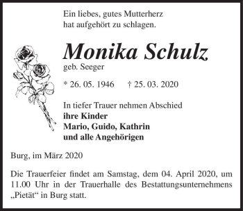 Traueranzeige von Monika Schulz (geb. Seeger)  von Magdeburger Volksstimme