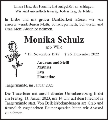 Traueranzeige von Monika Schulz (geb. Wille)  von Magdeburger Volksstimme