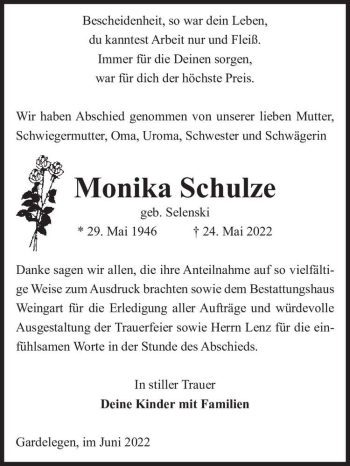 Traueranzeige von Monika Schulze (geb. Selenski)  von Magdeburger Volksstimme