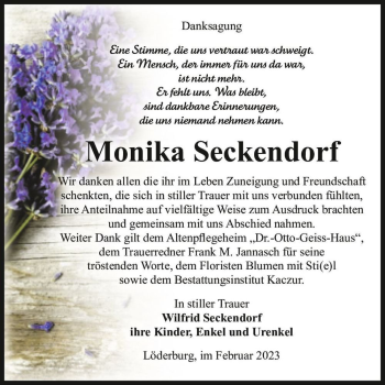 Traueranzeige von Monika Seckendorf  von Magdeburger Volksstimme