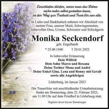 Traueranzeige von Monika Seckendorf (geb. Engelhardt)  von Magdeburger Volksstimme