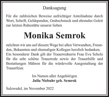 Traueranzeige von Monika Semrok  von Magdeburger Volksstimme