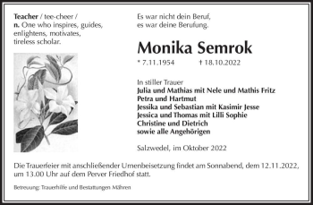 Traueranzeige von Monika Semrok  von Magdeburger Volksstimme