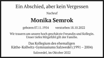 Traueranzeige von Monika Semrok  von Magdeburger Volksstimme