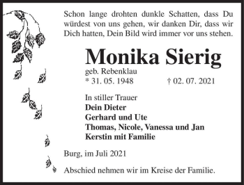 Traueranzeige von Monika Sierig (geb. Rebenklau)  von Magdeburger Volksstimme