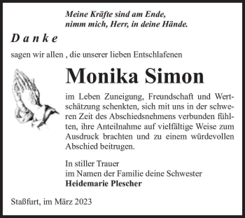 Traueranzeige von Monika Simon  von Magdeburger Volksstimme