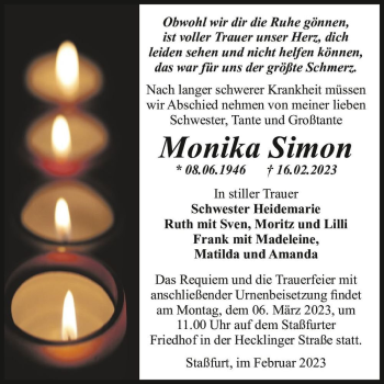 Traueranzeige von Monika Simon  von Magdeburger Volksstimme