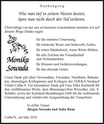 Traueranzeige von Monika Sowada  von Magdeburger Volksstimme