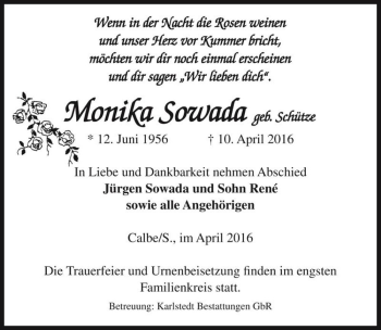 Traueranzeige von Monika Sowada (geb. Schütze)  von Magdeburger Volksstimme