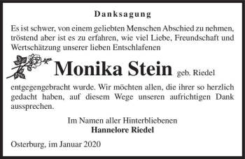 Traueranzeige von Monika Stein (geb. Riedel)  von Magdeburger Volksstimme