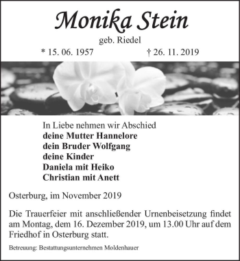 Traueranzeige von Monika Stein (geb. Riedel)  von Magdeburger Volksstimme