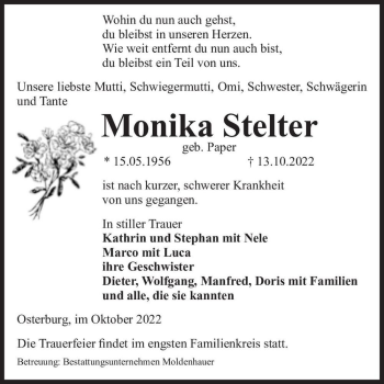 Traueranzeige von Monika Stelter (geb. Paper)  von Magdeburger Volksstimme