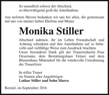 Traueranzeige von Monika Stiller  von Magdeburger Volksstimme