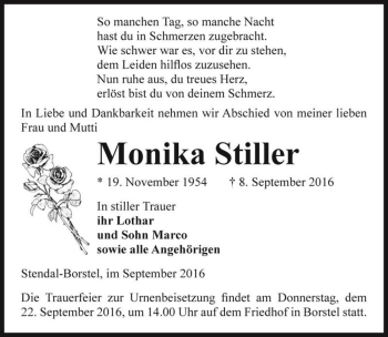 Traueranzeige von Monika Stiller  von Magdeburger Volksstimme