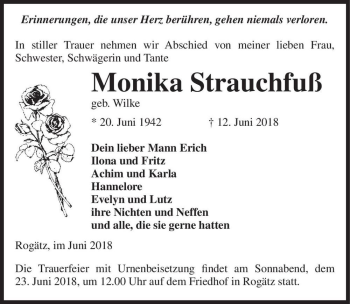Traueranzeige von Monika Strauchfuß (geb. Wilke)  von Magdeburger Volksstimme